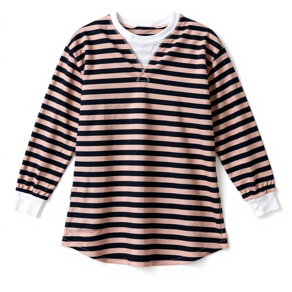 Rapbin Womens Striped Crew Neck Long Sleeve  Casual Shirt Pink Navy Blue SzL NEW